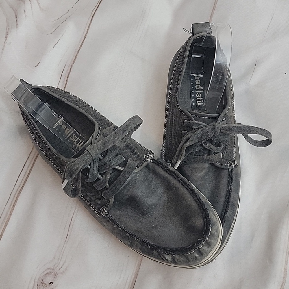 Bed Stu Mens 8 Gray Canvas Leather Distressed Boat Shoes Loafers